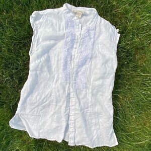 David Brooks Linen Sleeveless Top | Lace Detail, Side Slits, SZ M